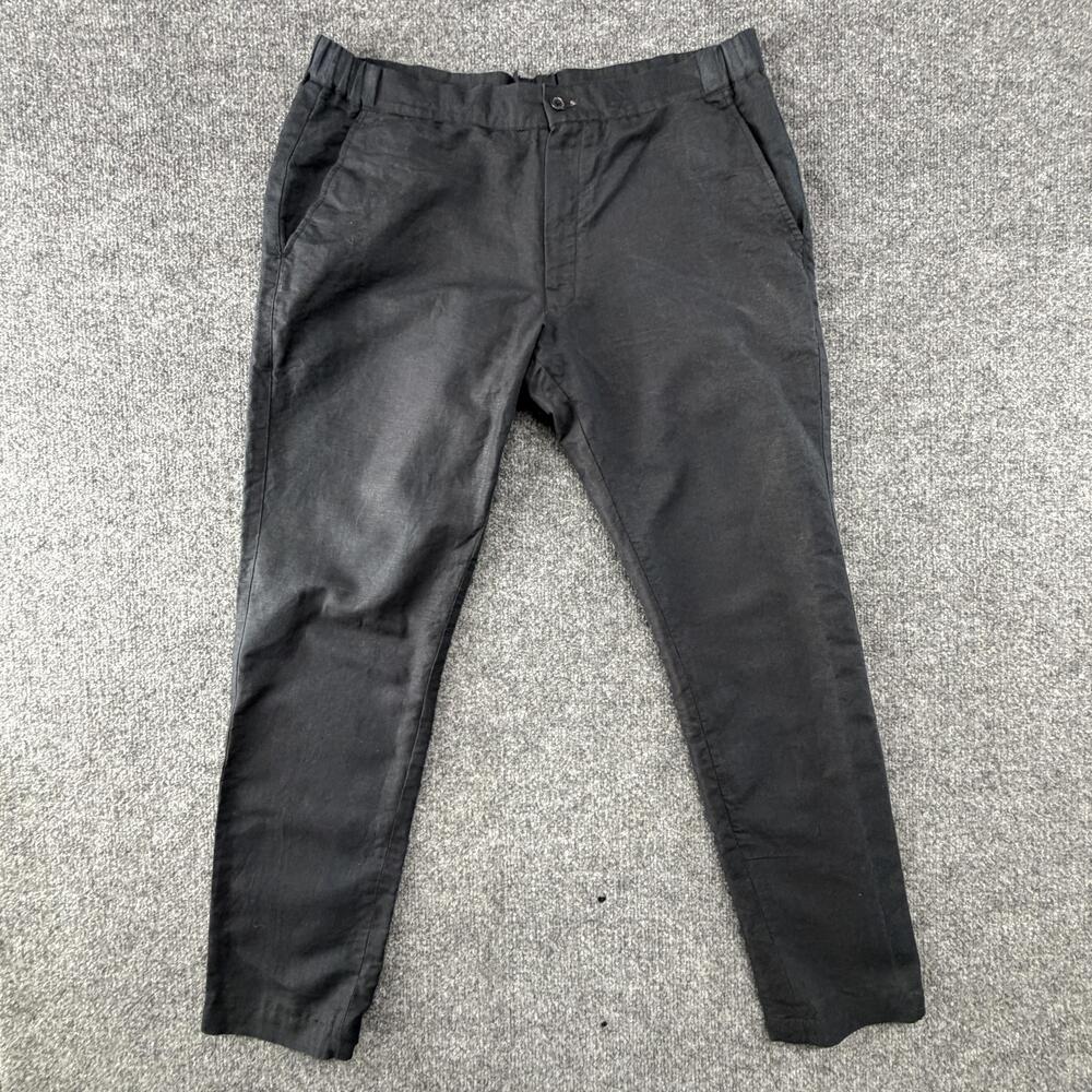 Linen Chino Pants Mens 36x29 Black Slim Fit Tapered Elastic Waist Casual Pockets